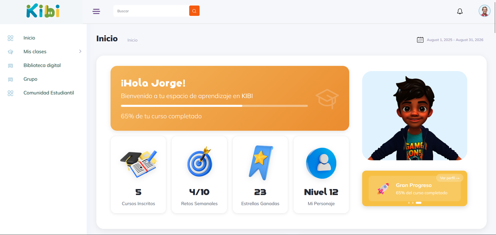 Inicio de la plataforma educativa KIBTECH: cursos, retos y progreso del estudiante